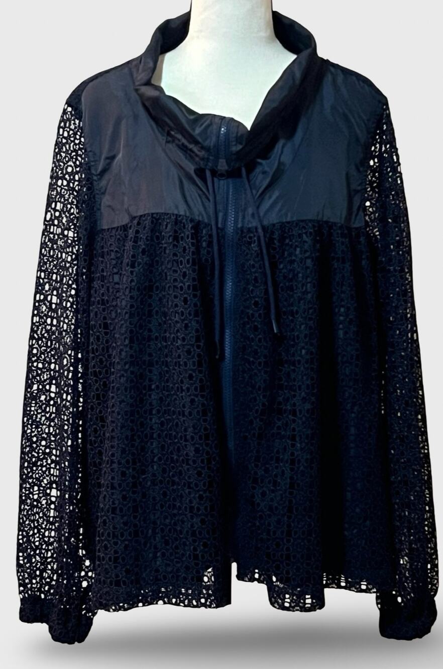 Crown & Ivy Women’s Long Sleeve, Navy Blue Eyelet Lace, Lined, Zip-Up Jacket, XL
